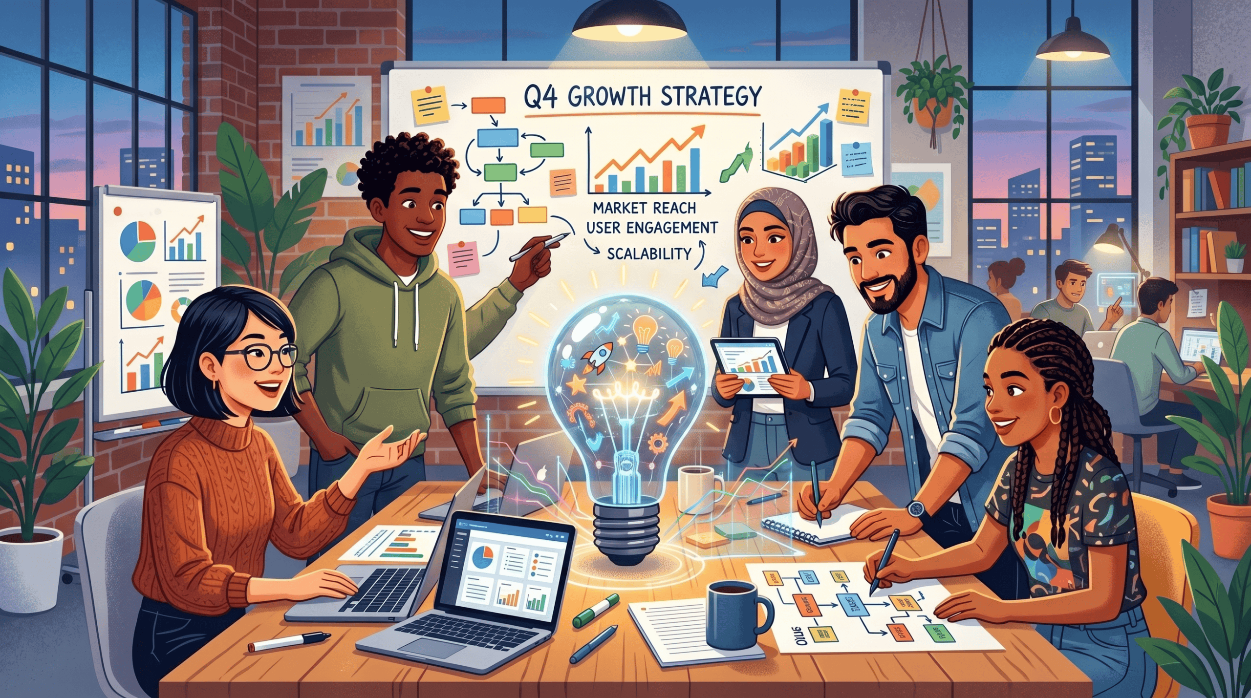 Equipo de jóvenes aplicando el pensamiento creativo y la innovación para generar ideas de negocio sustentables.